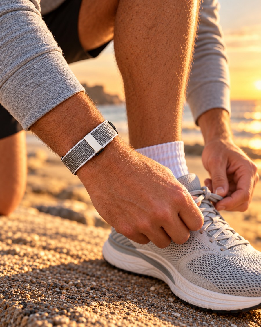 Hombre atándose las zapatillas al atardecer con la pulsera AUREL gris en la muñeca
