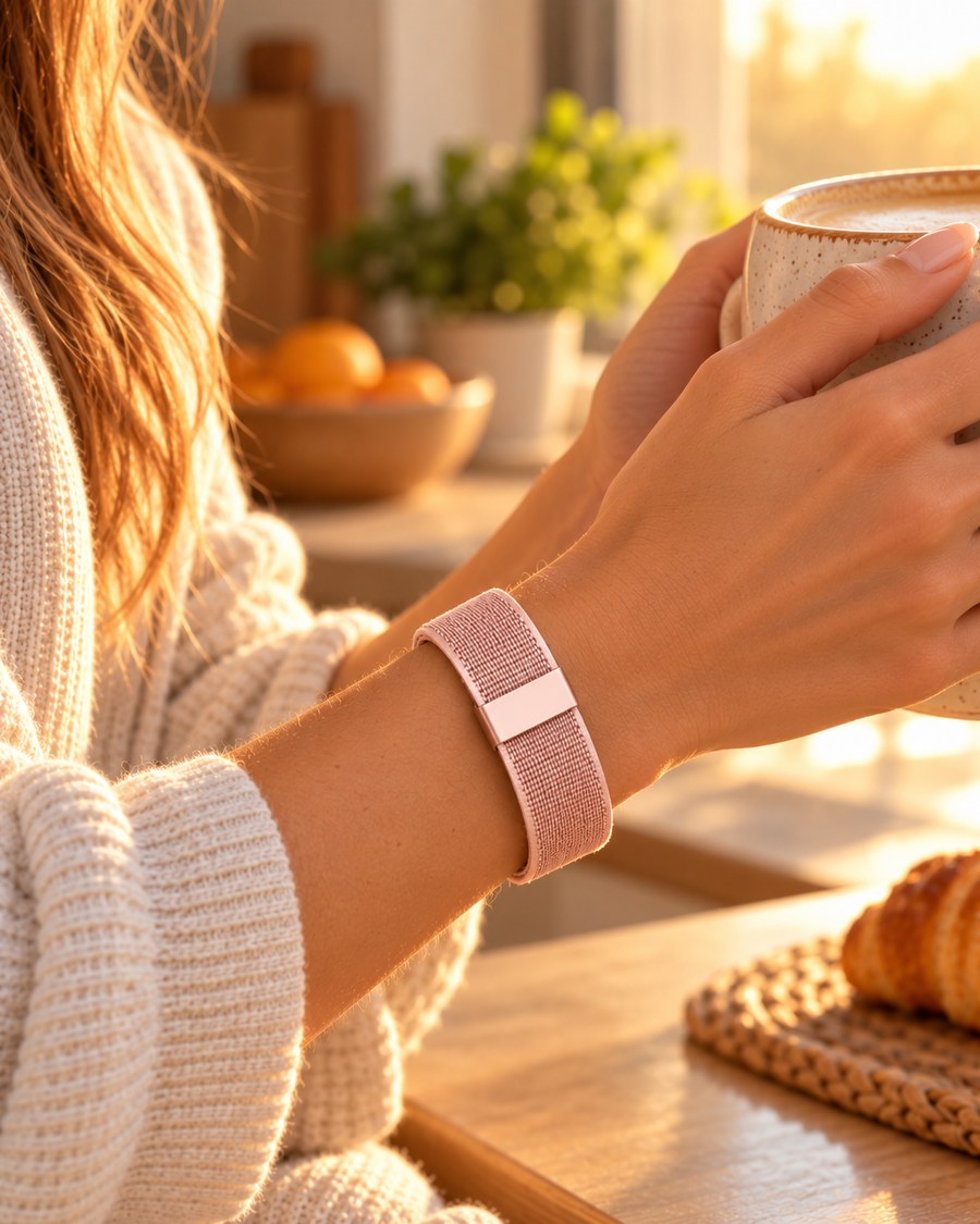 Mujer con la pulsera AUREL oro rosa tomando un café por la mañana