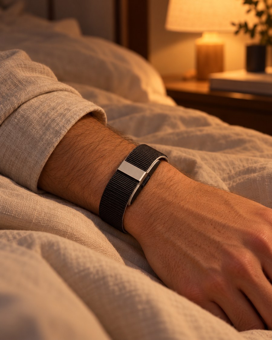 Mano sobre las sábanas con la pulsera AUREL negra por la noche